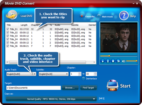 Select audio tracks, chapter and subtitle Select audio tracks, chapter and subtitle